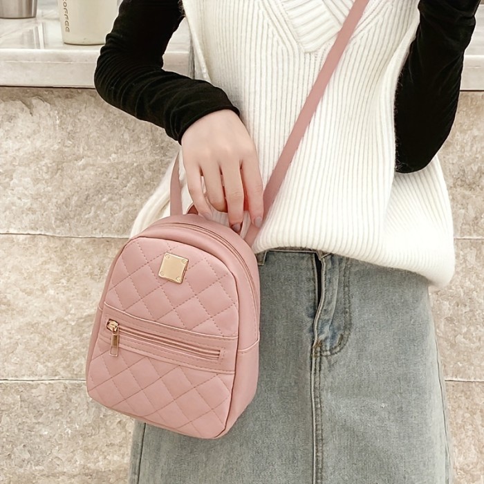 Cute Small Women's Backpack, Rhombic Pattern Backpack With Adjustable Strap,Zipper Casual Shoulder Bag,Pink Bag,Coin Purse,Card Wallet,Mobile Casual Phone Bag,Casual Camera Bag,Lipstick Bag,Key Bag,Square Bag