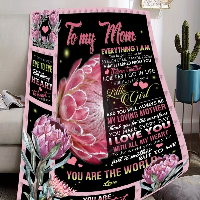 1pc Flannel Blanket, To My Mom From Daughter Son Lotus Print Blanket, Warm Cozy Soft Throw Blanket For Couch Bed Sofa Thanksgiving Day Birthday Gift