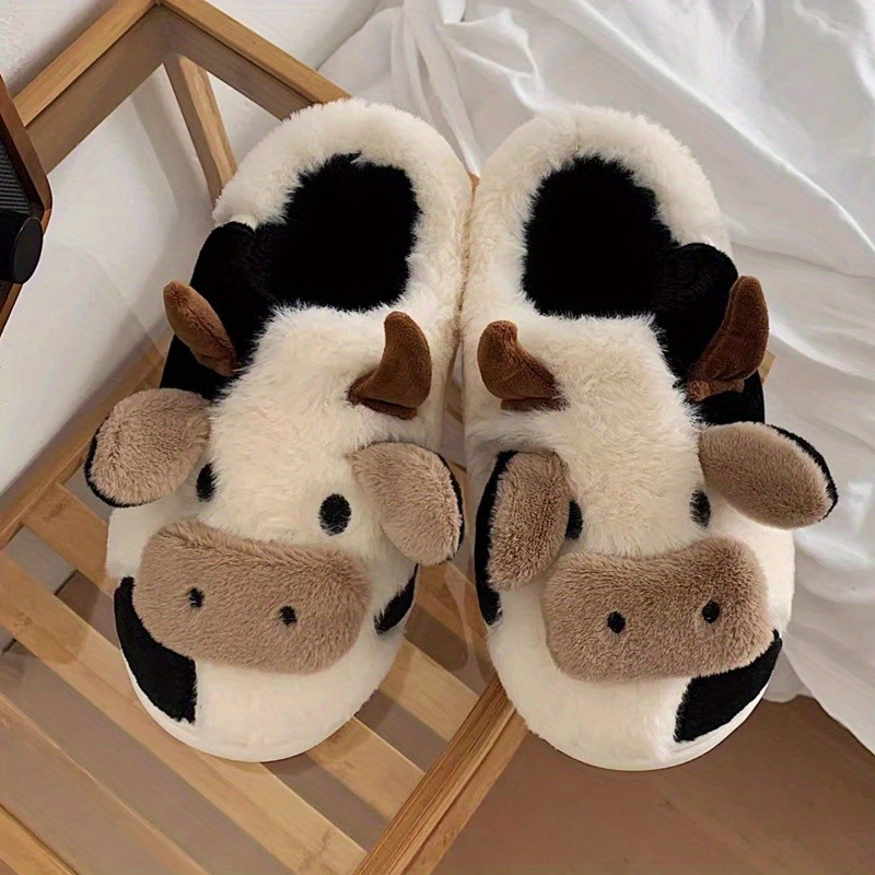 Women's Cartoon Cute Cow House Slippers, Warm Plush Lined Closed Toe Fuzzy Home Slides, Women's Comfy Indoor Shoes