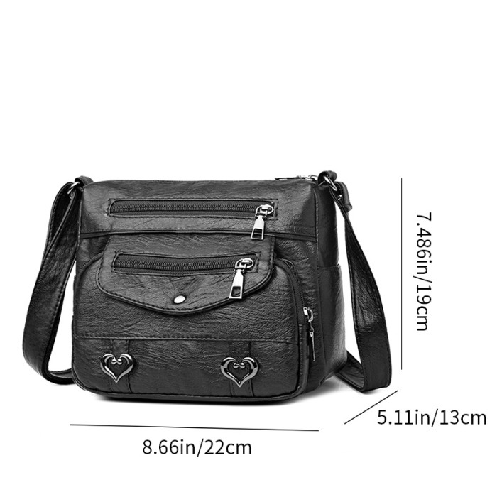 Heart Decor Crossbody Bag, Vintage Multi Pockets Shoulder Bag, Women's Faux Leather Purse