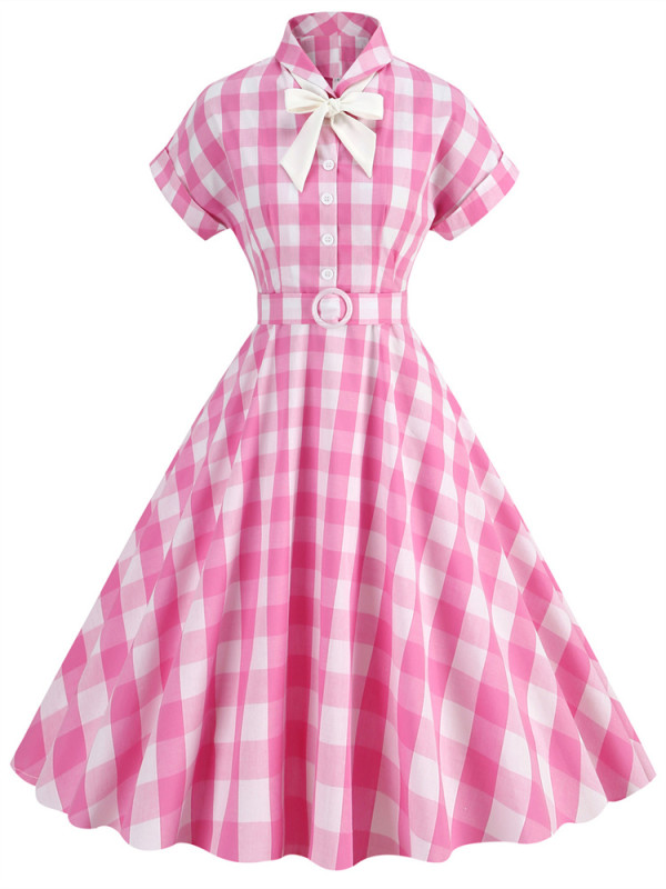 2023 New Summer Hepburn Style 50 60s Death Pink Plaid Short Sleeve Dresses Harajuku Vintage Pink Sleeves Lapel Bow Tie Tie Dress