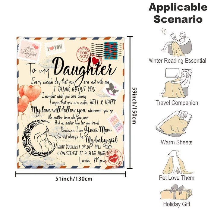 1pc Letter To Daughter Print Flannel Blanket, Vintage Soft Throw Blanket For Living Room