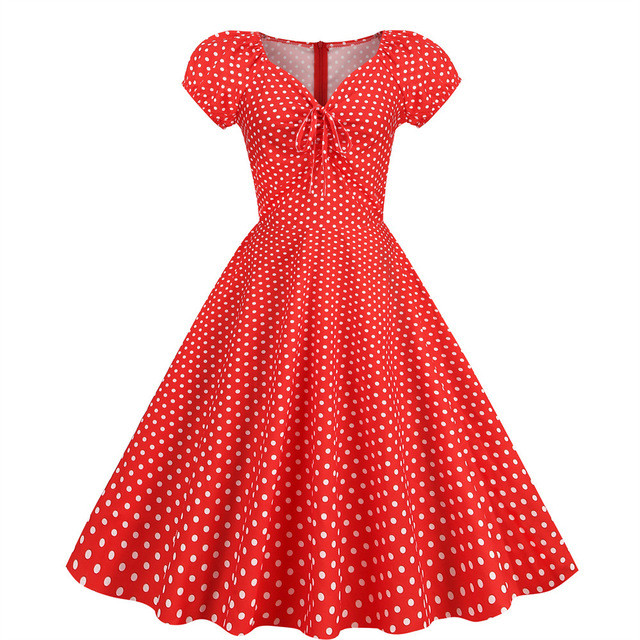 2023 White Polka Dot Printed Vintage Dress Women Summer Retro 50s 60s Swing Pin Up Rockabilly Dress Puff Sleeve Robe Vestidos