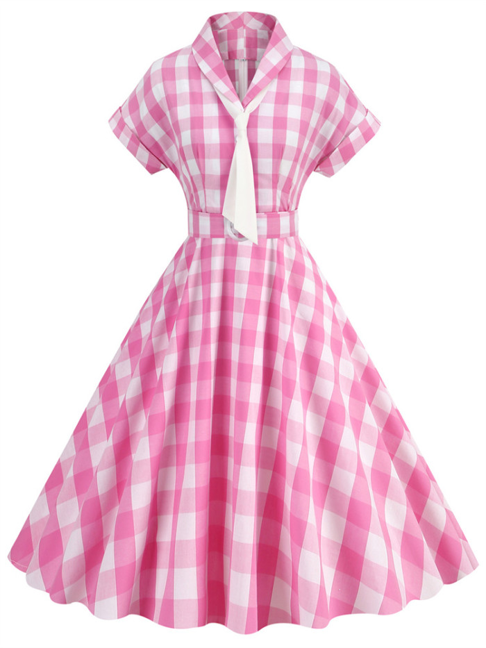 2023 New Summer Hepburn Style 50 60s Death Pink Plaid Short Sleeve Dresses Harajuku Vintage Pink Sleeves Lapel Bow Tie Tie Dress