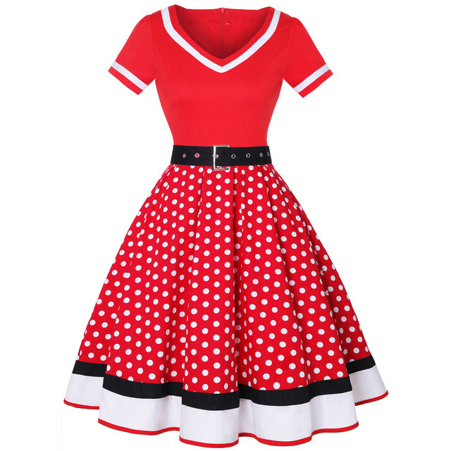 2022 Vintage 50s 60s Women's Vintage Party Dress With Belt Polka Dot Print Short Sleeve Hepburn Robe Pin Up Rockabilly Dresses