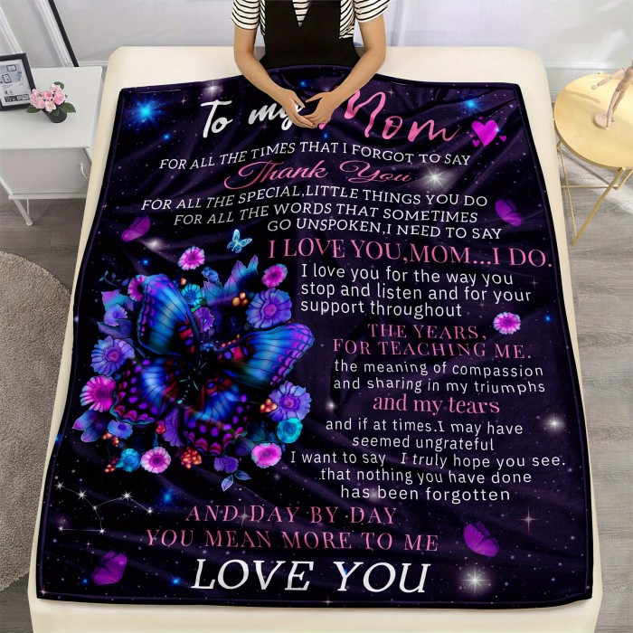 1pc Butterfly Print Flannel Blanket, To My Mom Soft Throw Blanket For Couch Bed Sofa Camping Travelling Mother's Day Gift