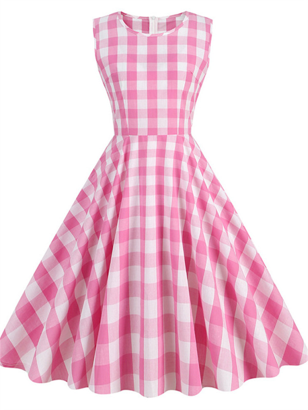 2023 New Vintage Kawaii Pink Plaid Dress Retro Women Costume Movie Barbei Roleplay Fantasia Halloween Party Clothes For Disguise