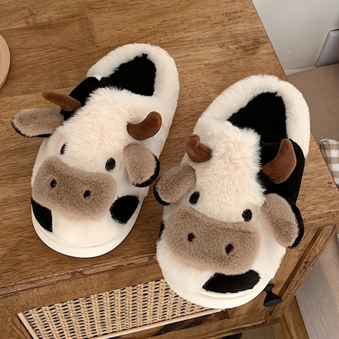 Women's Cartoon Cute Cow House Slippers, Warm Plush Lined Closed Toe Fuzzy Home Slides, Women's Comfy Indoor Shoes