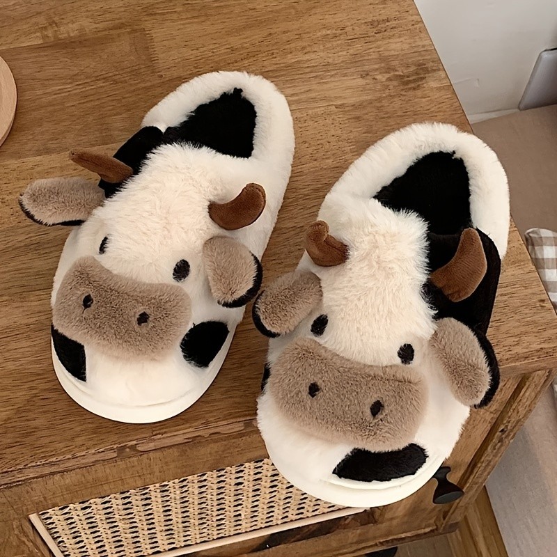 Women's Cartoon Cute Cow House Slippers, Warm Plush Lined Closed Toe Fuzzy Home Slides, Women's Comfy Indoor Shoes