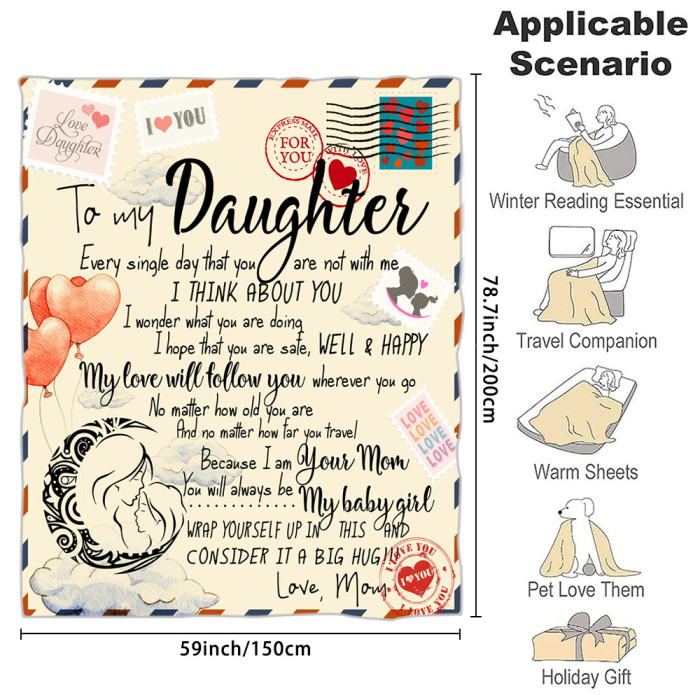 1pc Letter To Daughter Print Flannel Blanket, Vintage Soft Throw Blanket For Living Room
