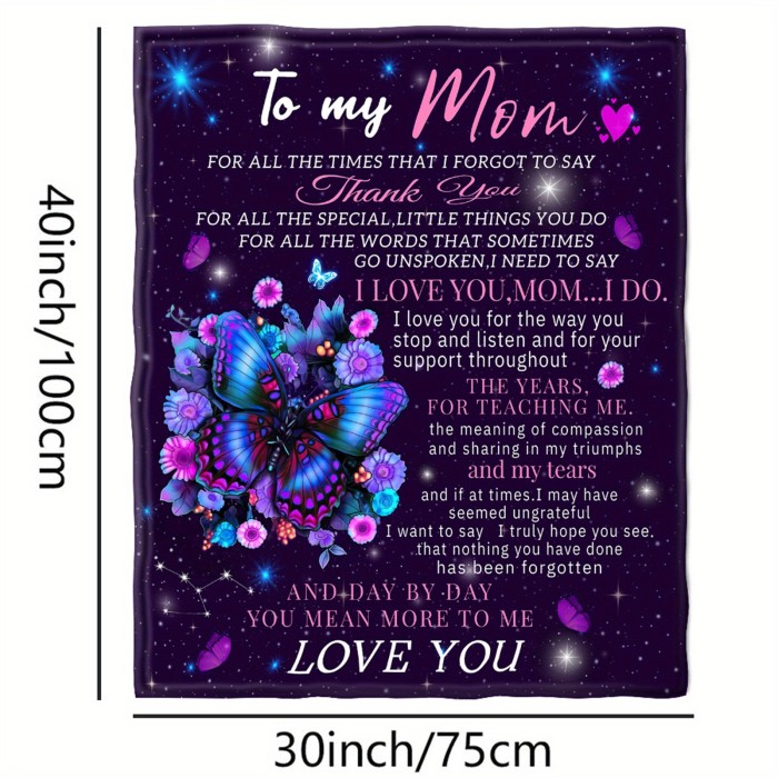1pc Butterfly Print Flannel Blanket, To My Mom Soft Throw Blanket For Couch Bed Sofa Camping Travelling Mother's Day Gift