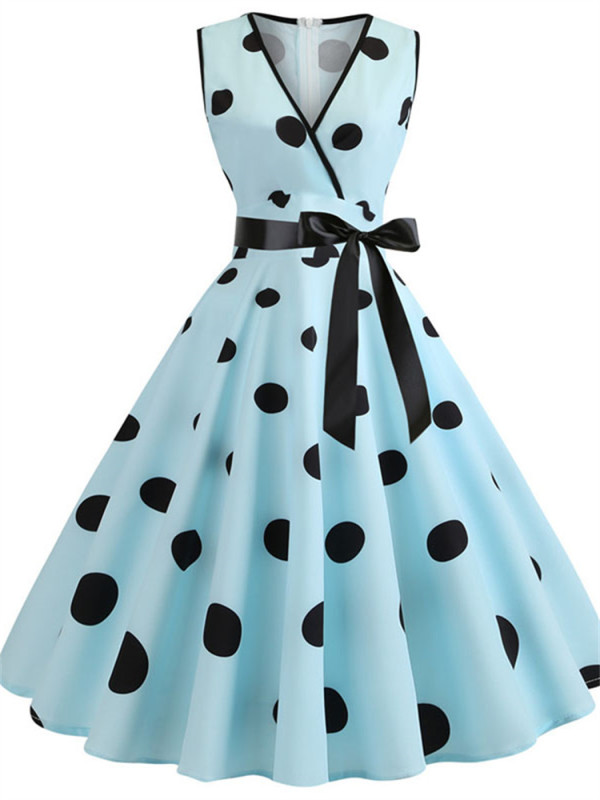 2023 New Fashion Woman Retro Dresses Audrey Hepburn 1950s 60s Rockabilly Polka Dot Bow Pinup Ball Grown Party Robe  Vestidos