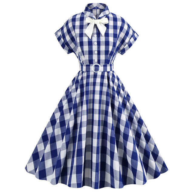 2023 New Summer Hepburn Style 50 60s Death Pink Plaid Short Sleeve Dresses Harajuku Vintage Pink Sleeves Lapel Bow Tie Tie Dress