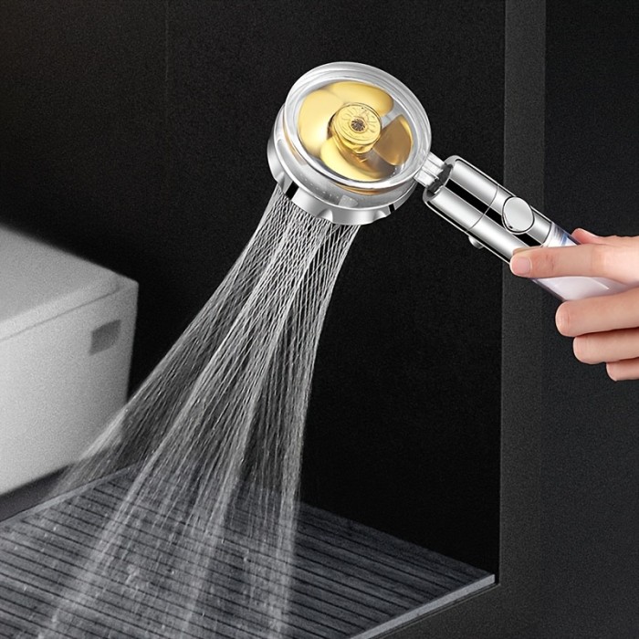 1pc 360° Turbo Propeller Driven Shower Head, High-Pressure Shower Head With Filter And Pause Switch,  Handheld Hydro Shower Head, Bathroom Accessories