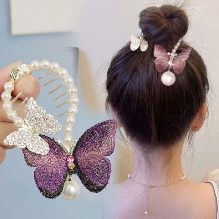 Retro Style Embroidery Butterfly Hair Clip Beaded Faux Pearl Rhinestone Headdress