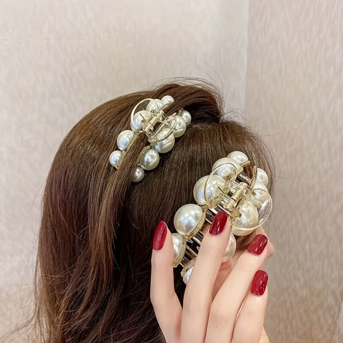 1pc Faux Pearl Hair Claw Back Head Ponytail Clip Shark Claw Side Clip Hair Accessories