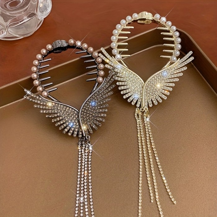 Elegant Flash Artificial Diamond Butterfly Wings Tassel Hair Clip Ponytail Buckle Clip Alloy Headwear