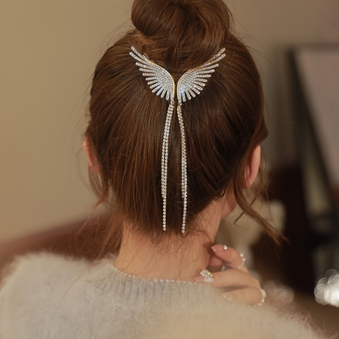 Elegant Flash Artificial Diamond Butterfly Wings Tassel Hair Clip Ponytail Buckle Clip Alloy Headwear