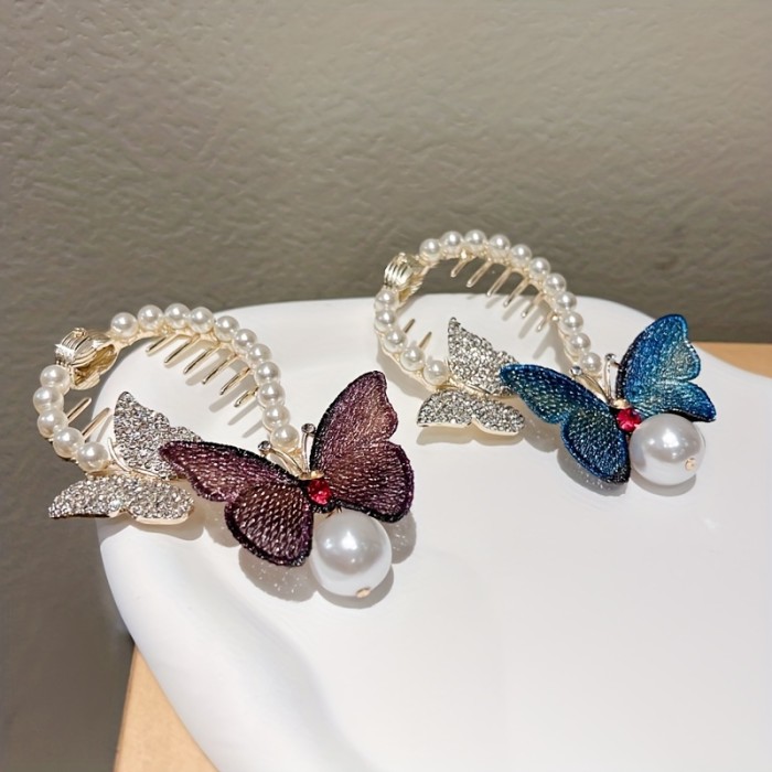Retro Style Embroidery Butterfly Hair Clip Beaded Faux Pearl Rhinestone Headdress