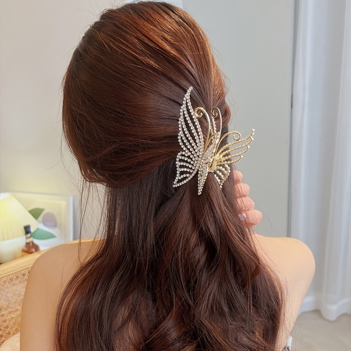 Butterfly Crystal Hair Claw Clips Pearl Rhinestone Golden Metal Hair Clips