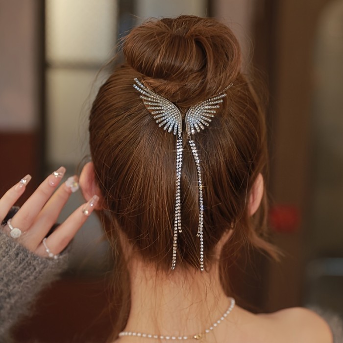 Elegant Flash Artificial Diamond Butterfly Wings Tassel Hair Clip Ponytail Buckle Clip Alloy Headwear