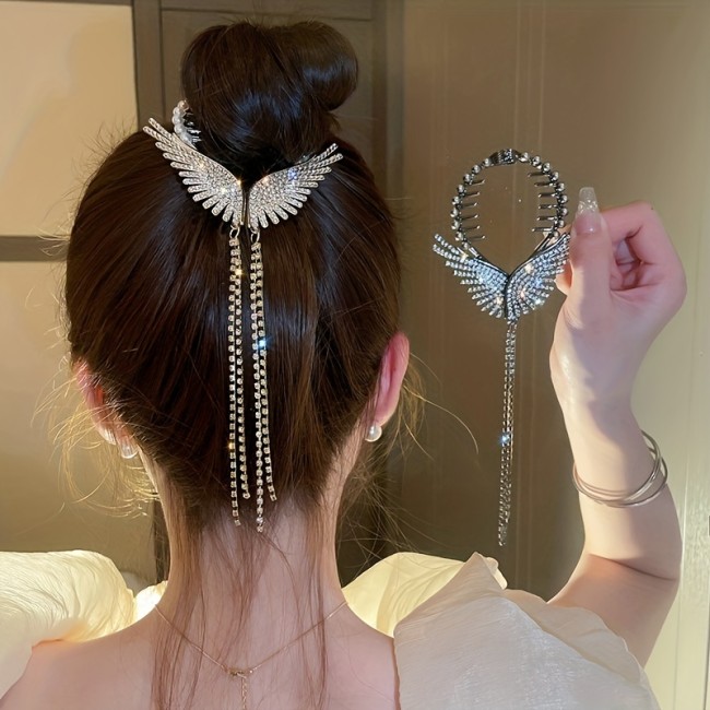 Elegant Flash Artificial Diamond Butterfly Wings Tassel Hair Clip Ponytail Buckle Clip Alloy Headwear