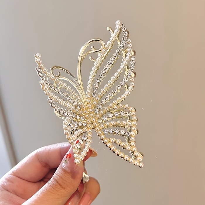 Butterfly Crystal Hair Claw Clips Pearl Rhinestone Golden Metal Hair Clips