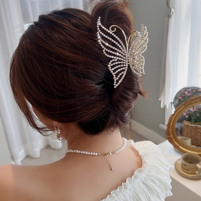 Butterfly Crystal Hair Claw Clips Pearl Rhinestone Golden Metal Hair Clips