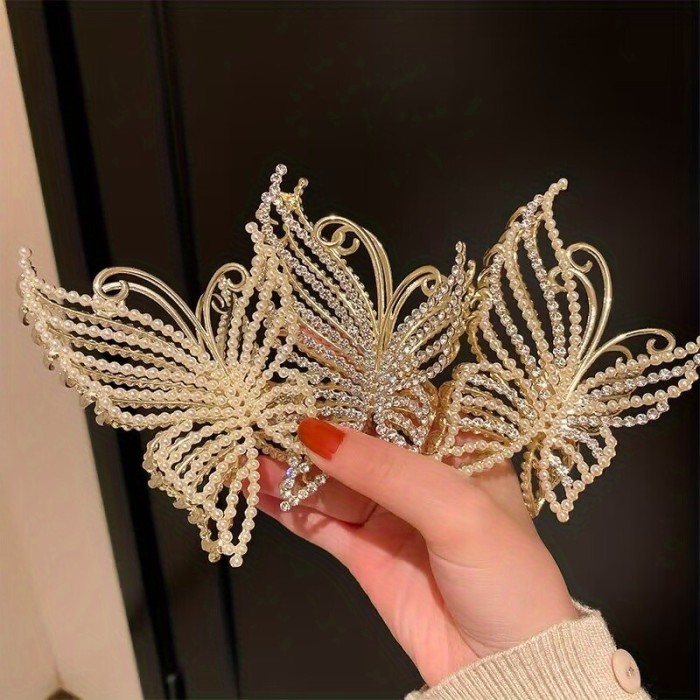 Butterfly Crystal Hair Claw Clips Pearl Rhinestone Golden Metal Hair Clips
