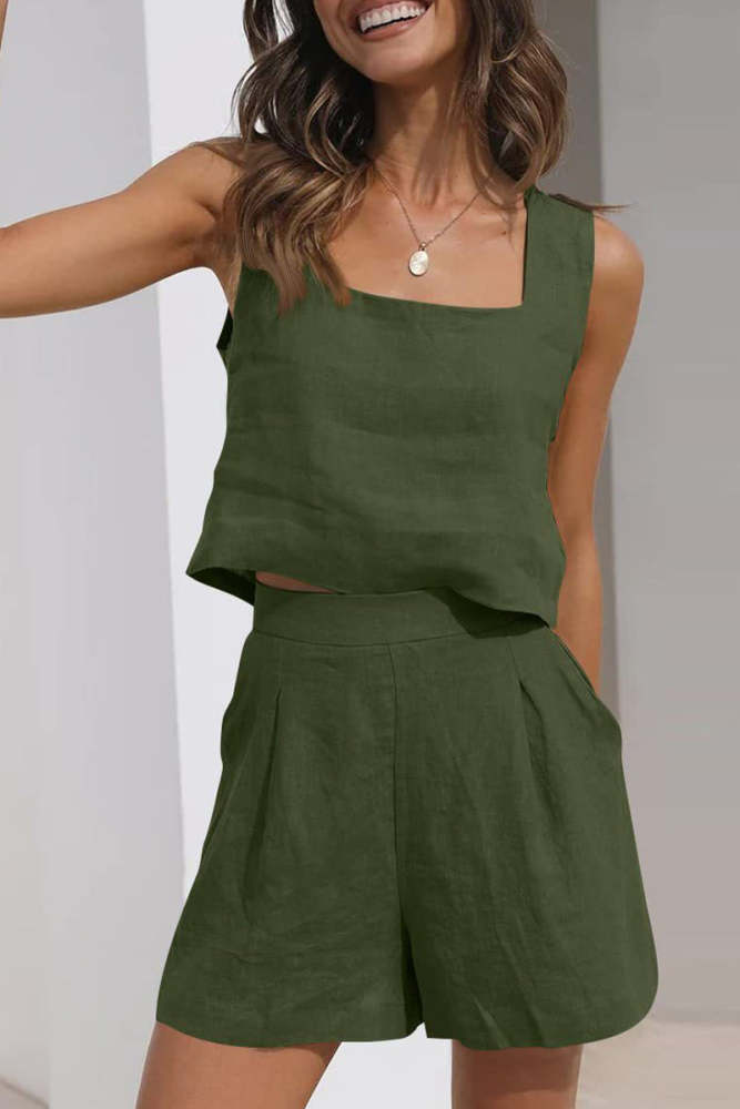 Casual Simplicity Solid Pocket Square Collar Sleeveless Two Pieces(16 Colors)