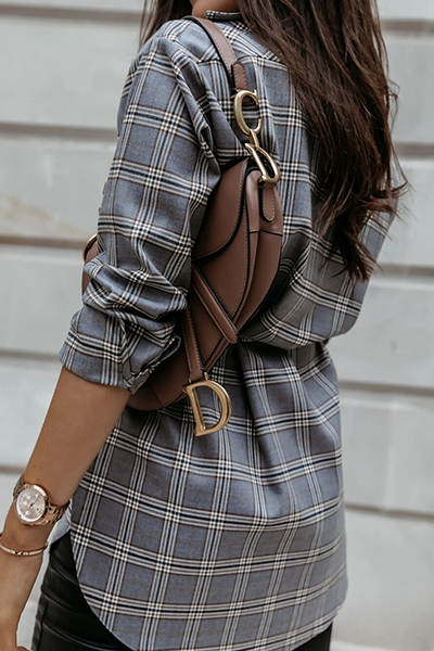 Casual Plaid Pocket Buckle With Belt Turndown Collar Tops(3 colors)