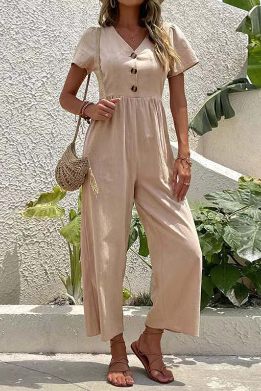 Casual Solid Buttons V Neck Loose Jumpsuits