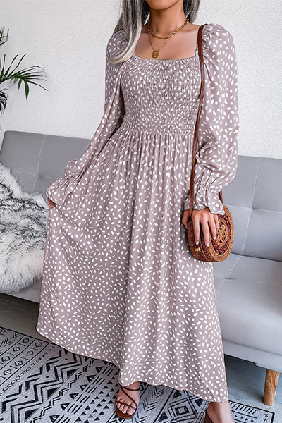 Elegant Print Flounce Fold Square Collar Dresses