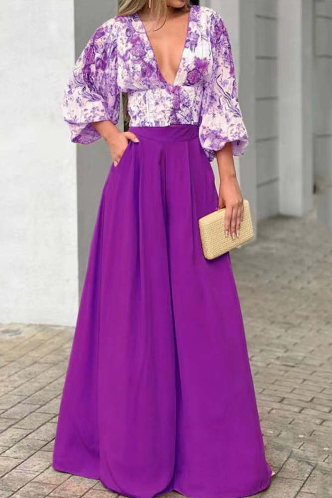 Sweet Elegant Print Printing V Neck Three Quarter Two Pieces