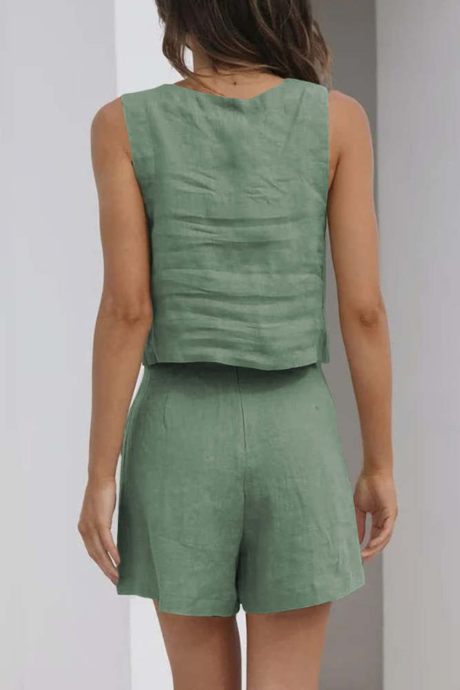 Casual Simplicity Solid Pocket Square Collar Sleeveless Two Pieces(16 Colors)