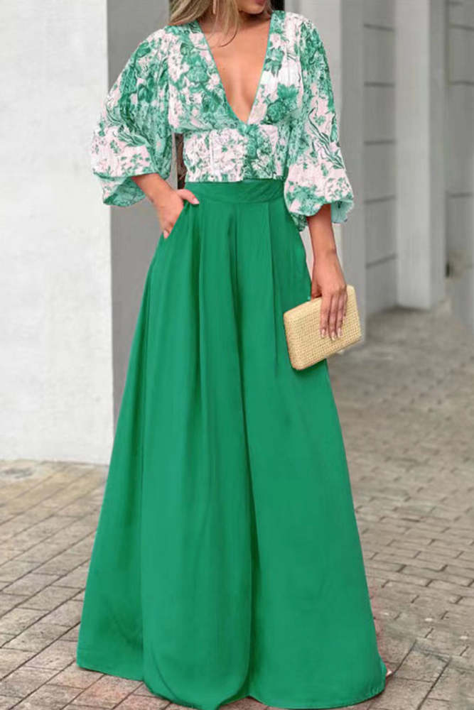 Sweet Elegant Print Printing V Neck Three Quarter Two Pieces
