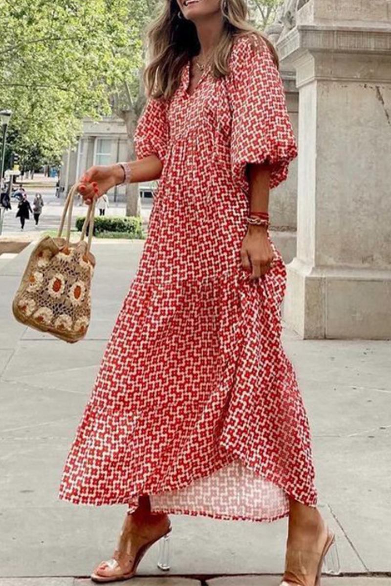 Sexy Vacation Geometric Print Frenulum Slit V Neck Irregular Dress Dresses main image 1