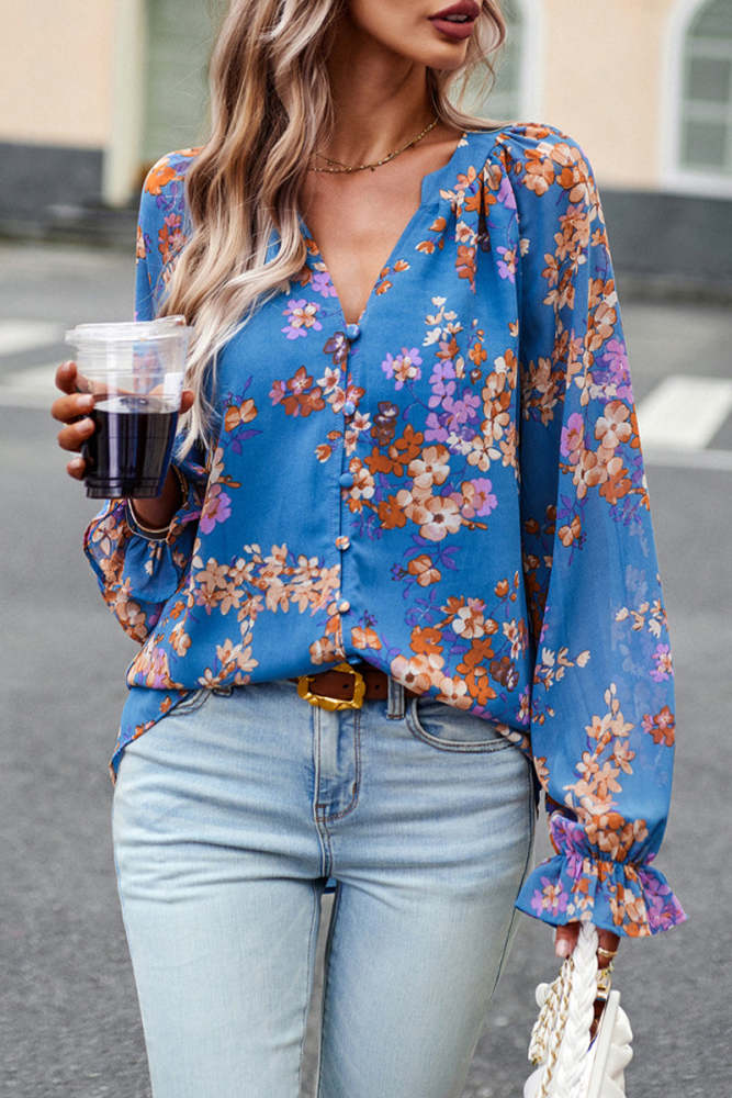 Sweet Elegant Floral Buttons V Neck Tops