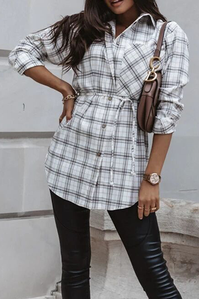 Casual Plaid Pocket Buckle With Belt Turndown Collar Tops(3 colors)