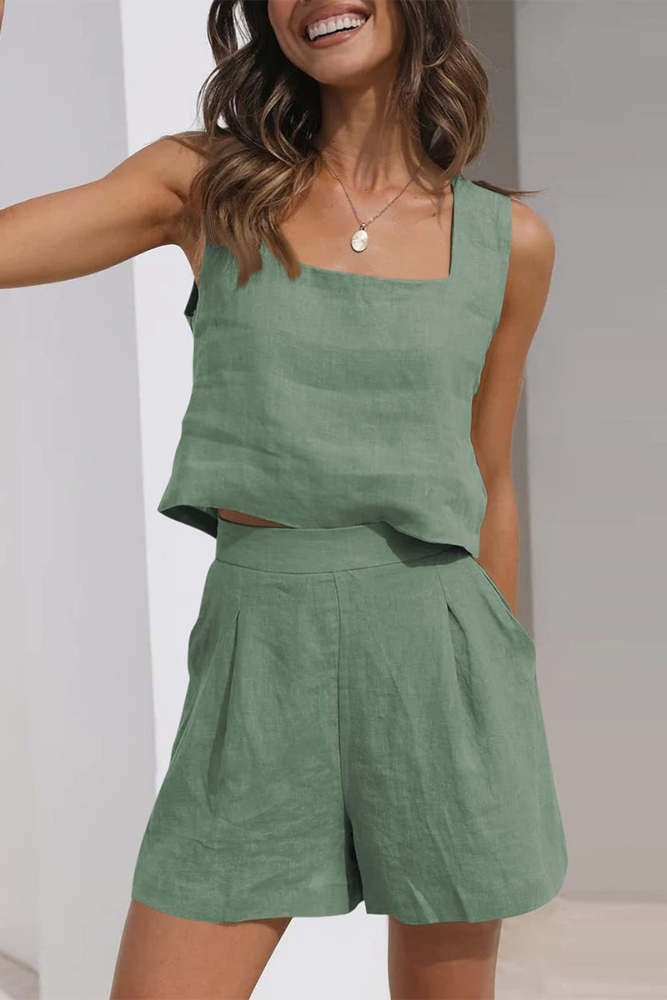 Casual Simplicity Solid Pocket Square Collar Sleeveless Two Pieces(16 Colors)