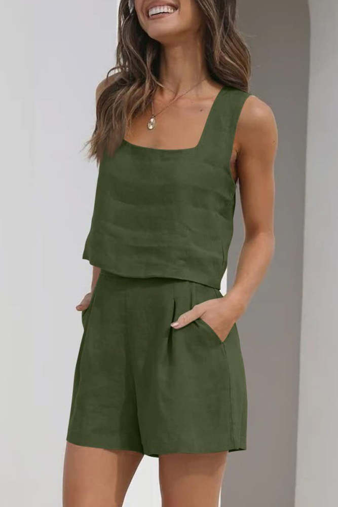 Casual Simplicity Solid Pocket Square Collar Sleeveless Two Pieces(16 Colors)