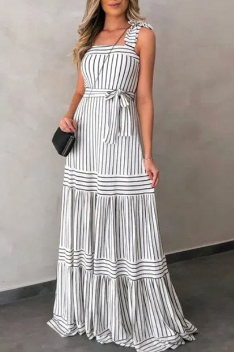 Casual Striped Print Bandage Patchwork Spaghetti Strap Sling Dress Dresses
