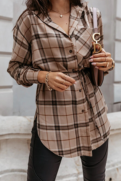 Casual Plaid Pocket Buckle With Belt Turndown Collar Tops(3 colors)