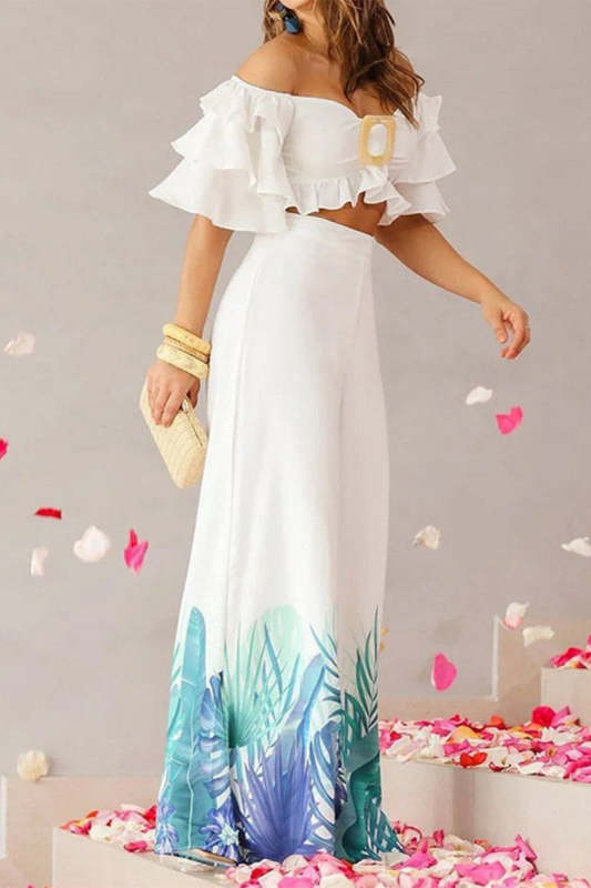 Elegant Print Patchwork Off the Shoulder Short Sleeve Two Pieces