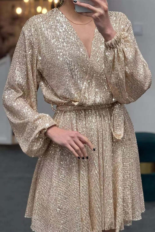 Elegant Solid Sequins V Neck A Line Dresses