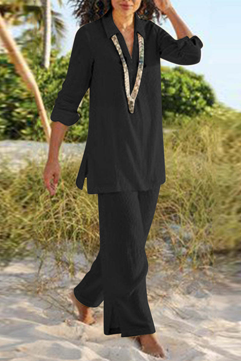 Elegant Solid Slit V Neck Short Sleeve Two Pieces main image 1