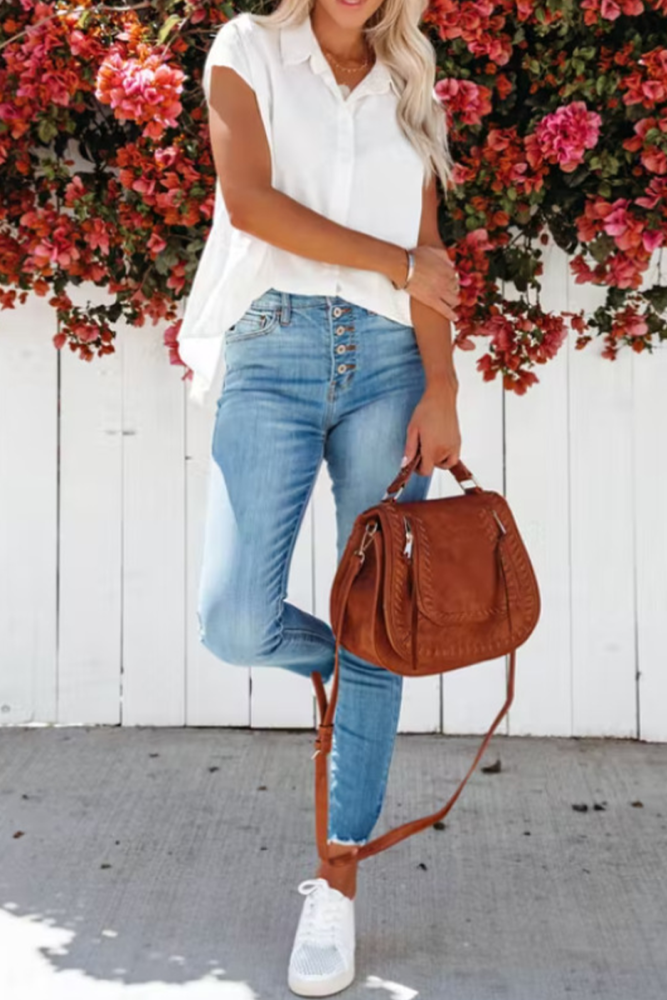 Casual Solid Patchwork Turndown Collar Tops(6 colors)