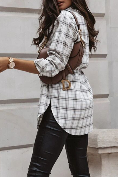 Casual Plaid Pocket Buckle With Belt Turndown Collar Tops(3 colors)