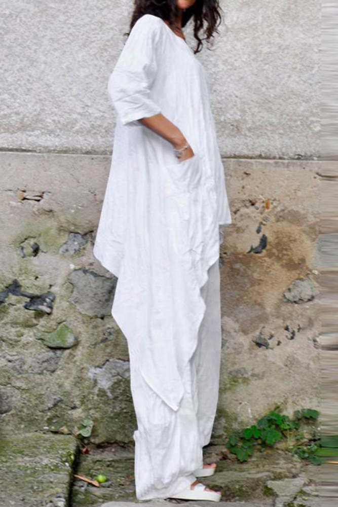Casual Simplicity Solid Asymmetrical O Neck Three Quarter Two Pieces
