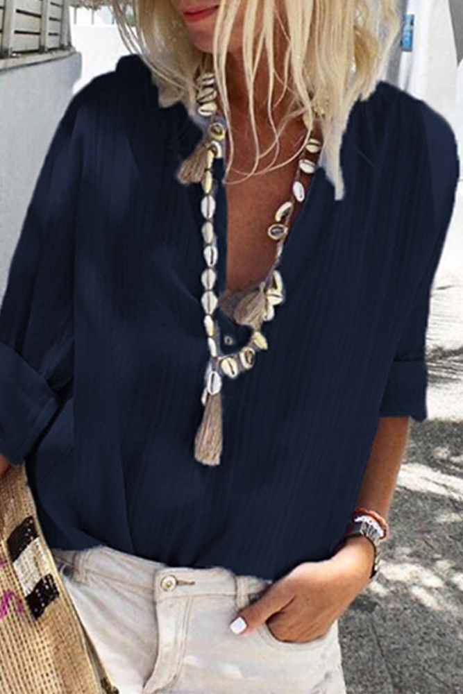 Street Striped Buttons V Neck Tops